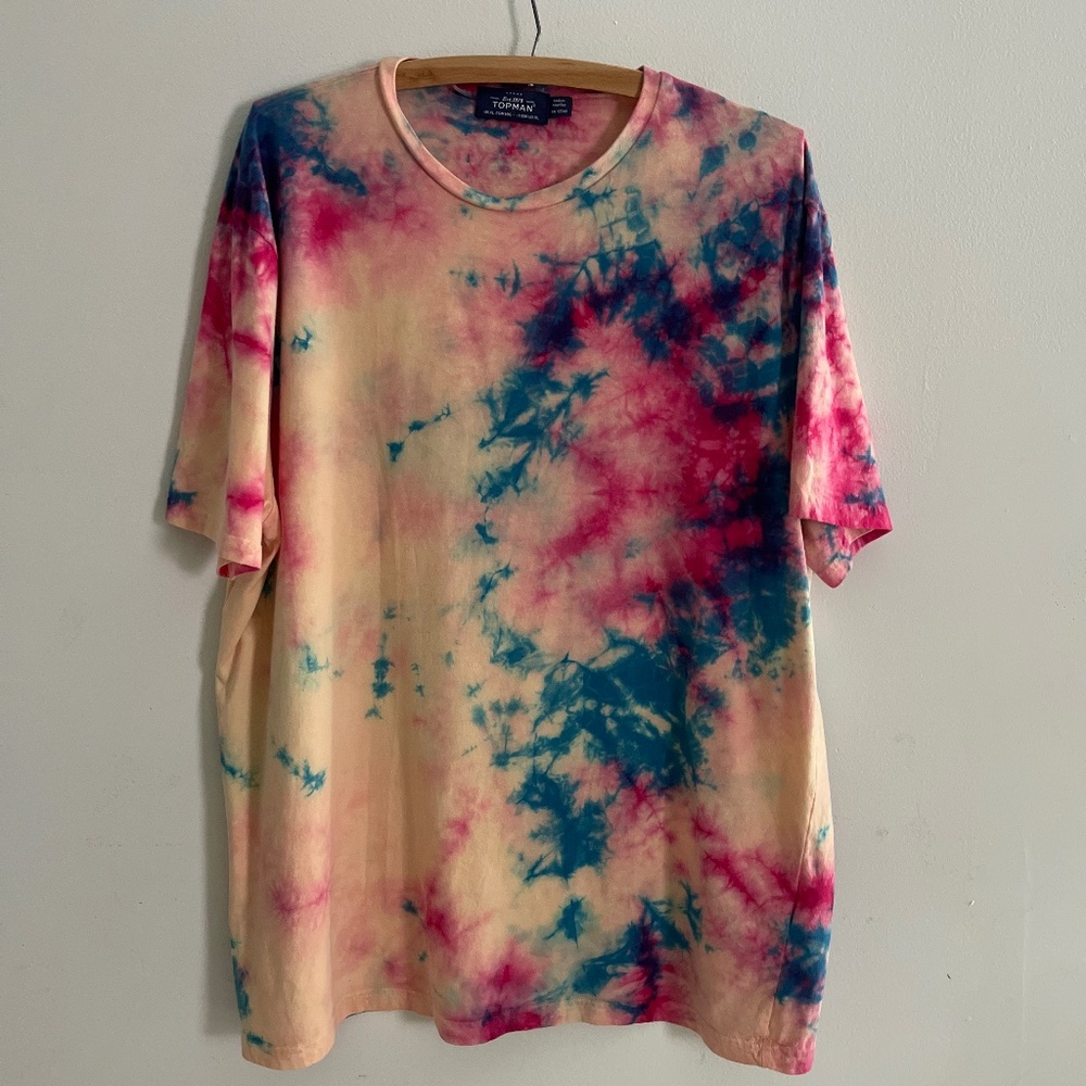 TOPMAN Marble Tie Dye Tshirt Pink Blue Festival Grunge Cotton Mens XL Crew Comfy